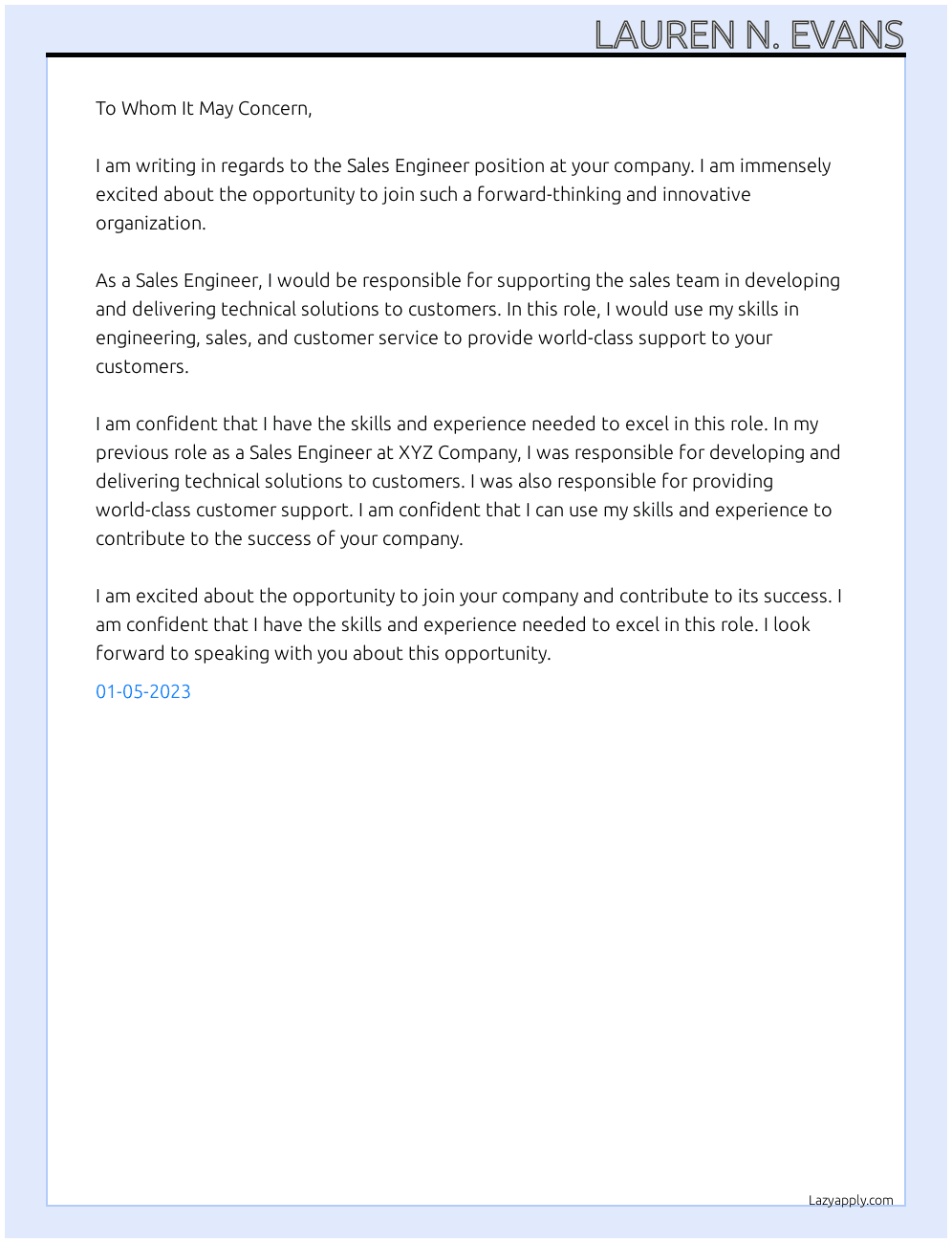 Sales Engineer At your company Cover Letter