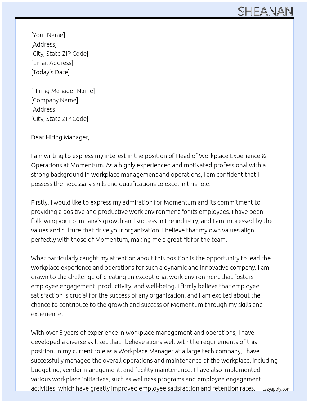 Head of Workplace Experience & Operations At Momentum Cover Letter