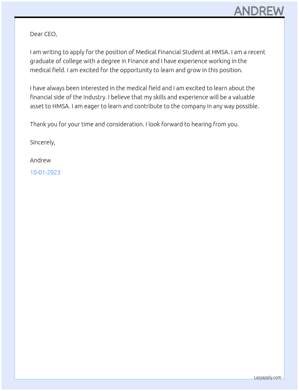 Medical Financial Student  At HMSA Cover Letter