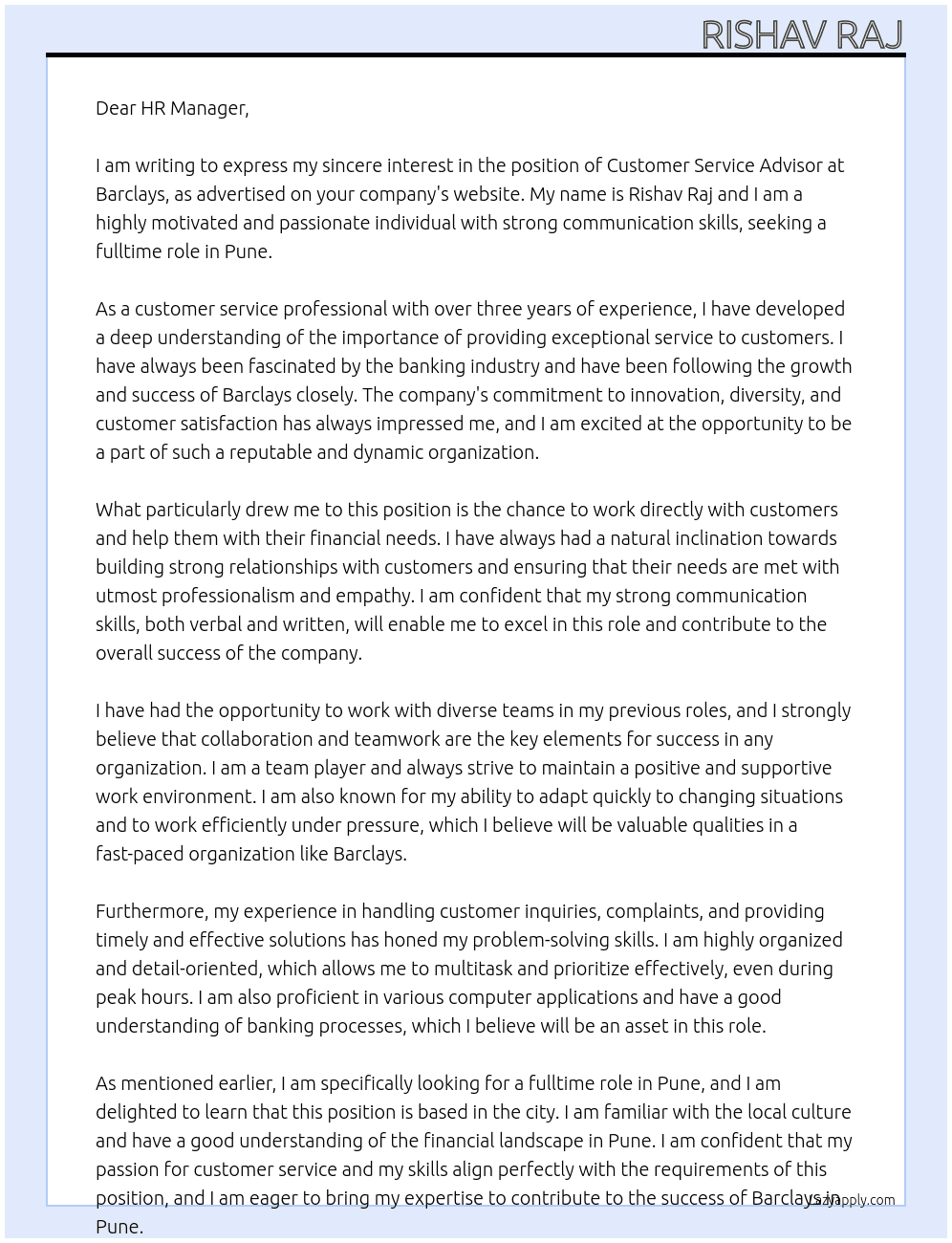 Customer Service Advisor  At Barclays Cover Letter