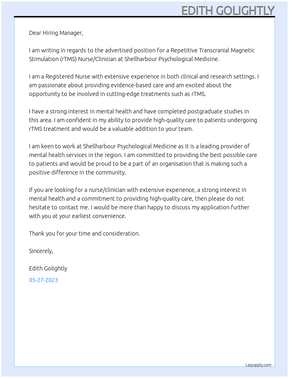 Repetitive Transcranial Magnetic Stimulation - Nurse/Clinician At Shellharbour Psychological Medicine Cover Letter