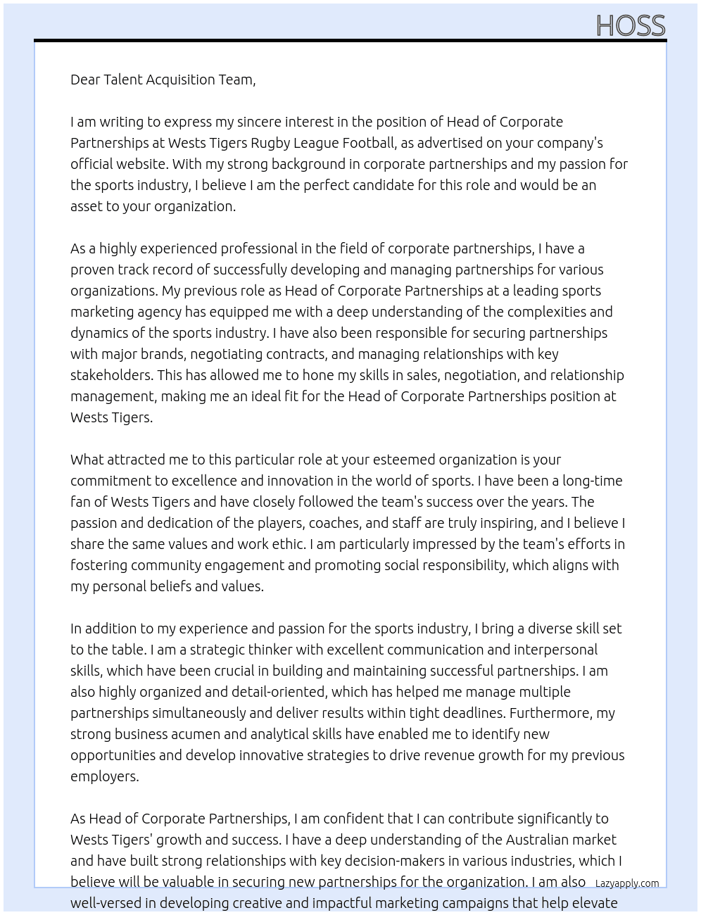 Head of Corporate Partnerships At Wests Tigers Rugby League Football Cover Letter