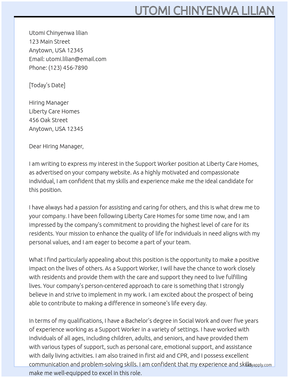 Support worker At Liberty care homes Cover Letter