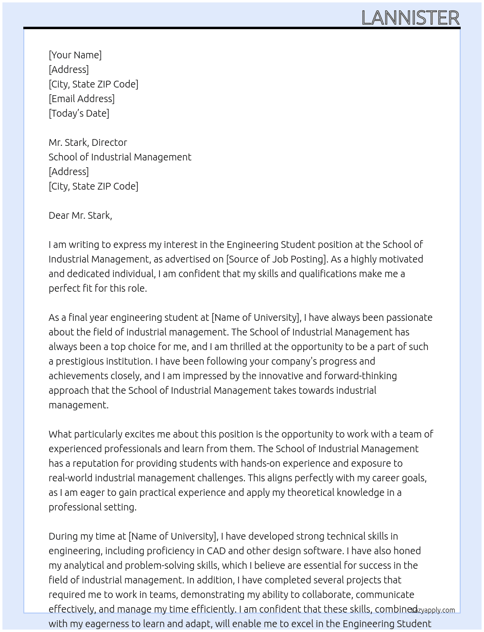 Engineering Student  At School of industrial managment Cover Letter