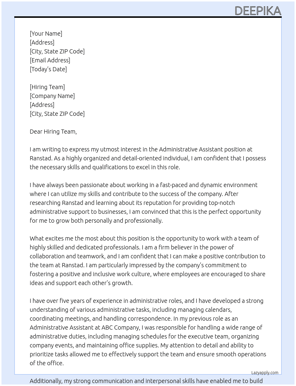 administrative assistant At Ranstad Cover Letter