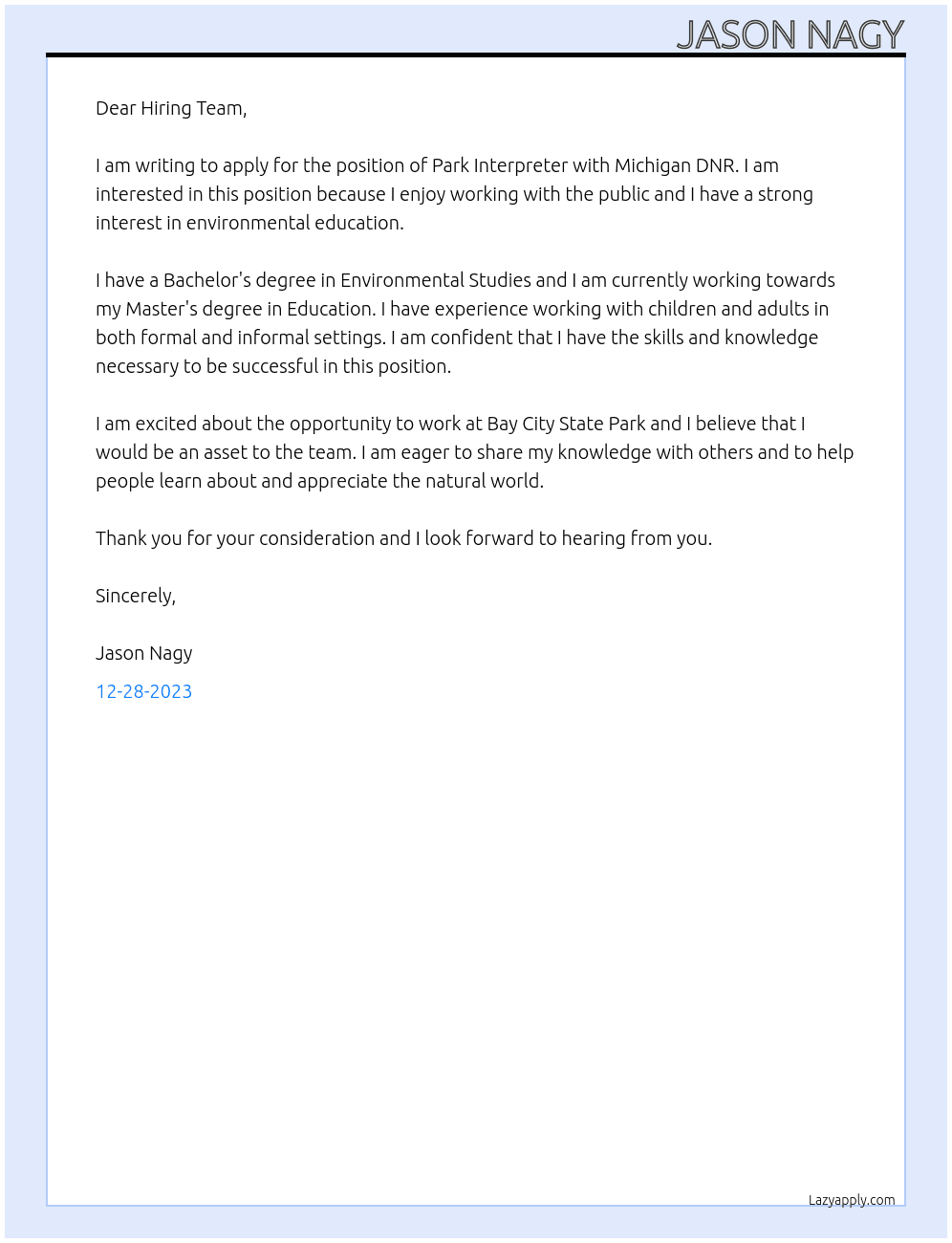 Park Interpreter At Michigan DNR Cover Letter