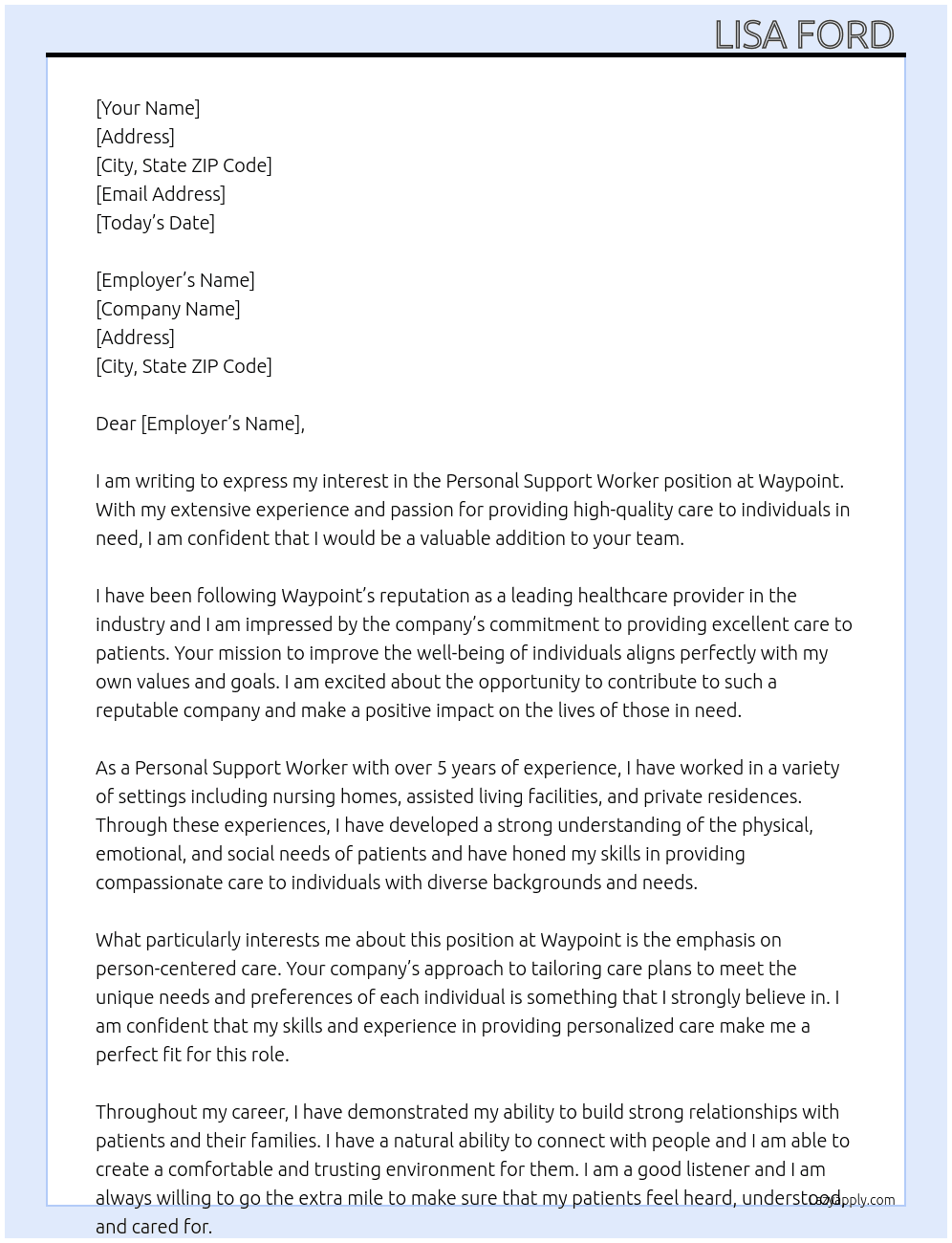 Personal support worker At Waypoint Cover Letter