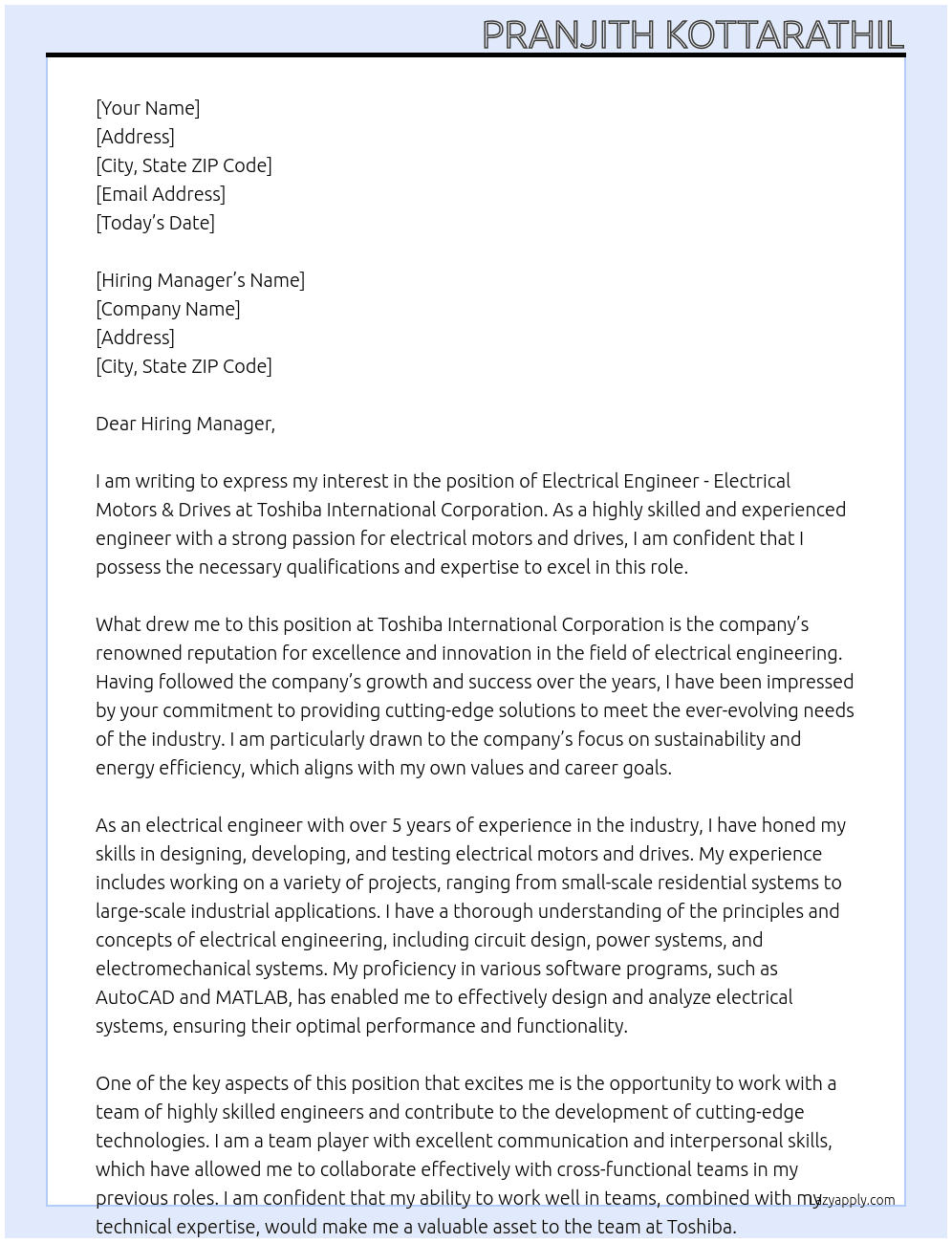 Electrical Engineer - Electrical Motors & Drives At Toshiba International Corporation Cover Letter
