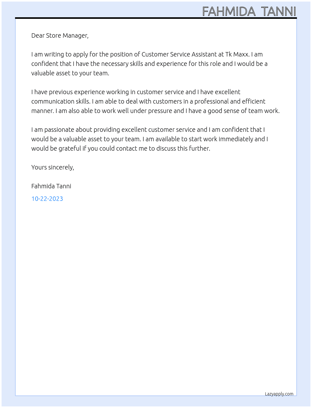 Customer service assistant At Tk maxx Cover Letter