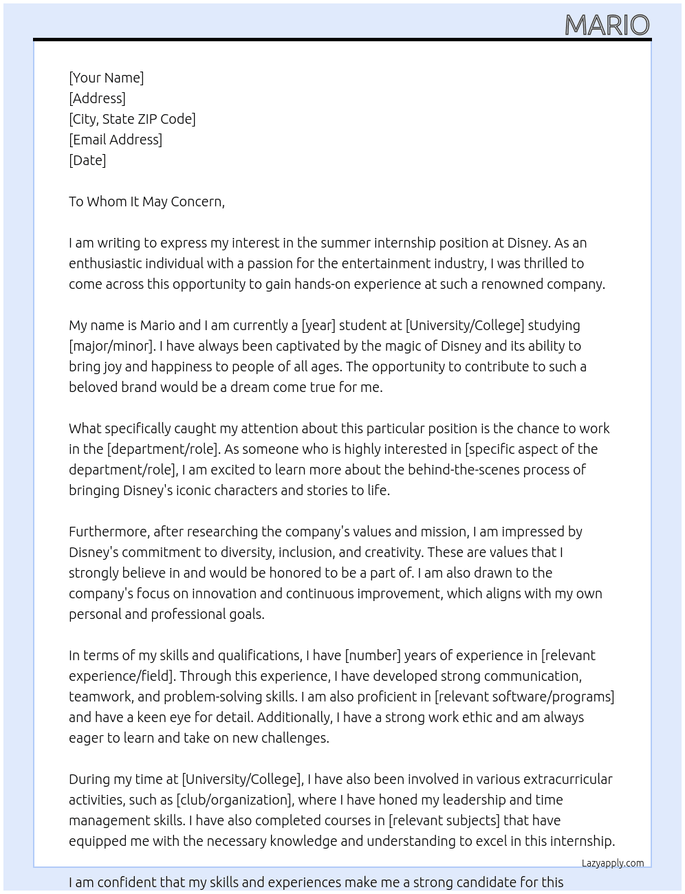 summer internship At Disney Cover Letter