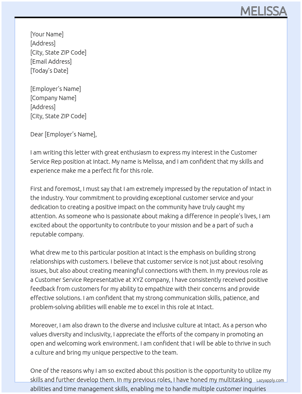 Customer Service Rep At intact Cover Letter