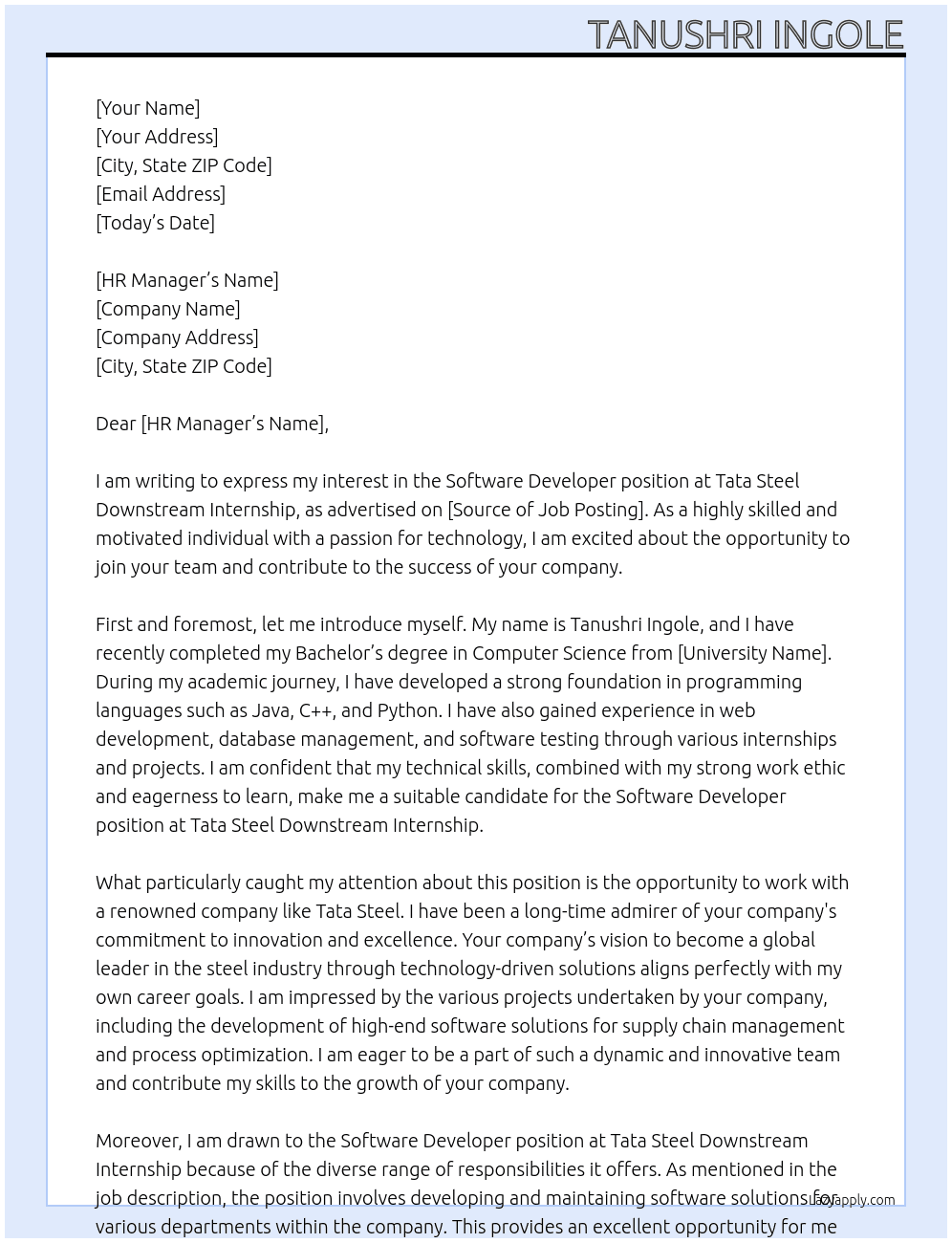 Software Developer  At Tata steek downstream internship Cover Letter