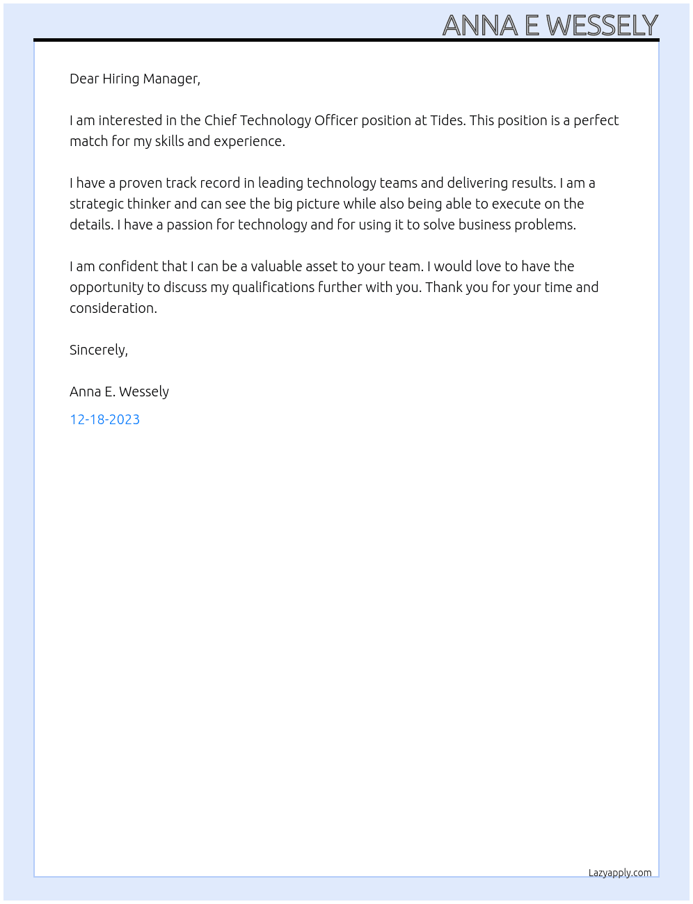 Chief Technology Officer At Tides Cover Letter