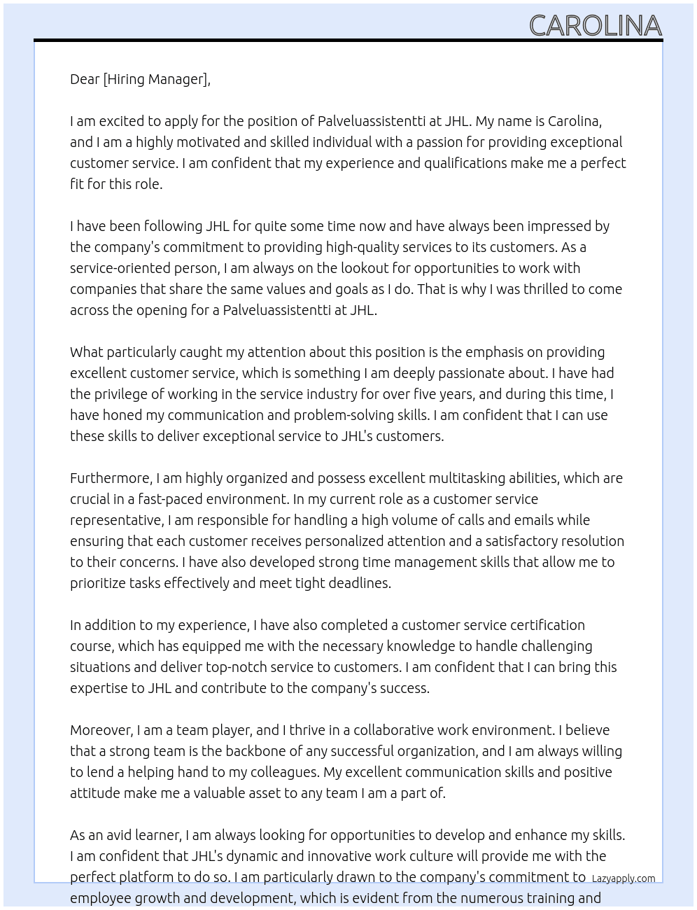 palveluassistentti At JHL Cover Letter