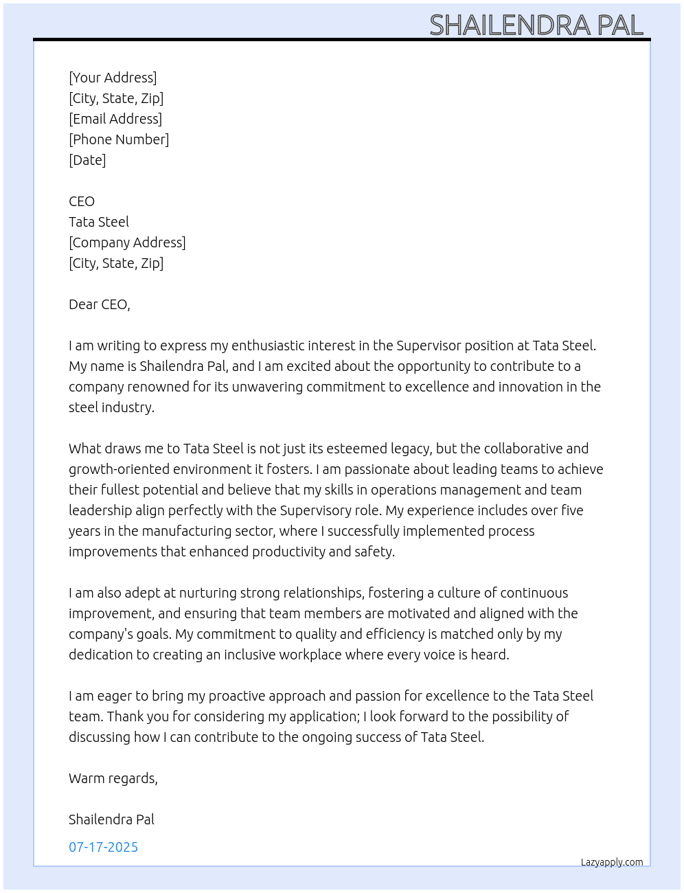 Supervisors At Tata steel  Cover Letter