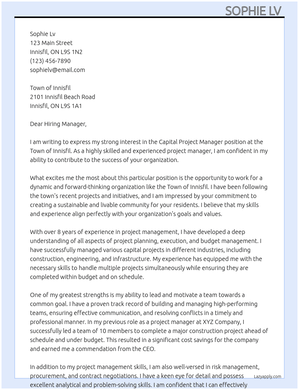 Capital Project Manager At  Town of Innisfil Cover Letter