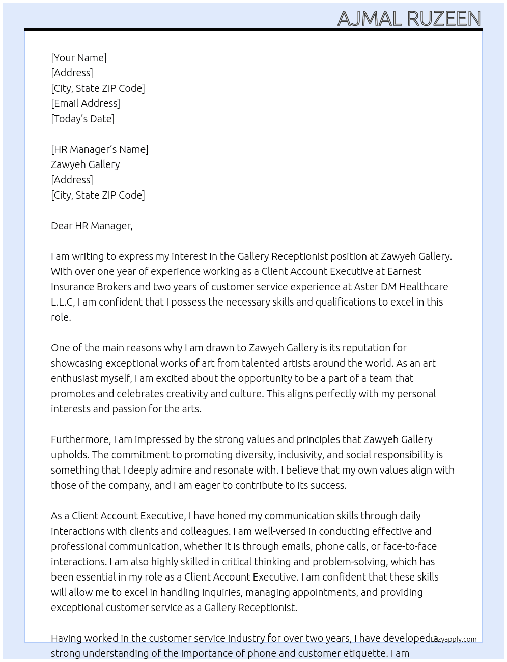 GALLERY RECEPTIONIST At ZAWYEH GALLERY Cover Letter