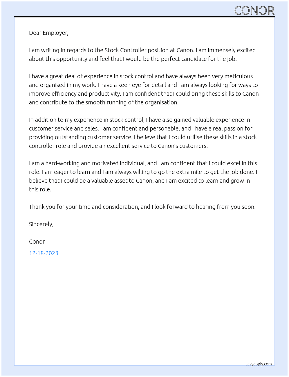 Stock Controller At Canon Cover Letter