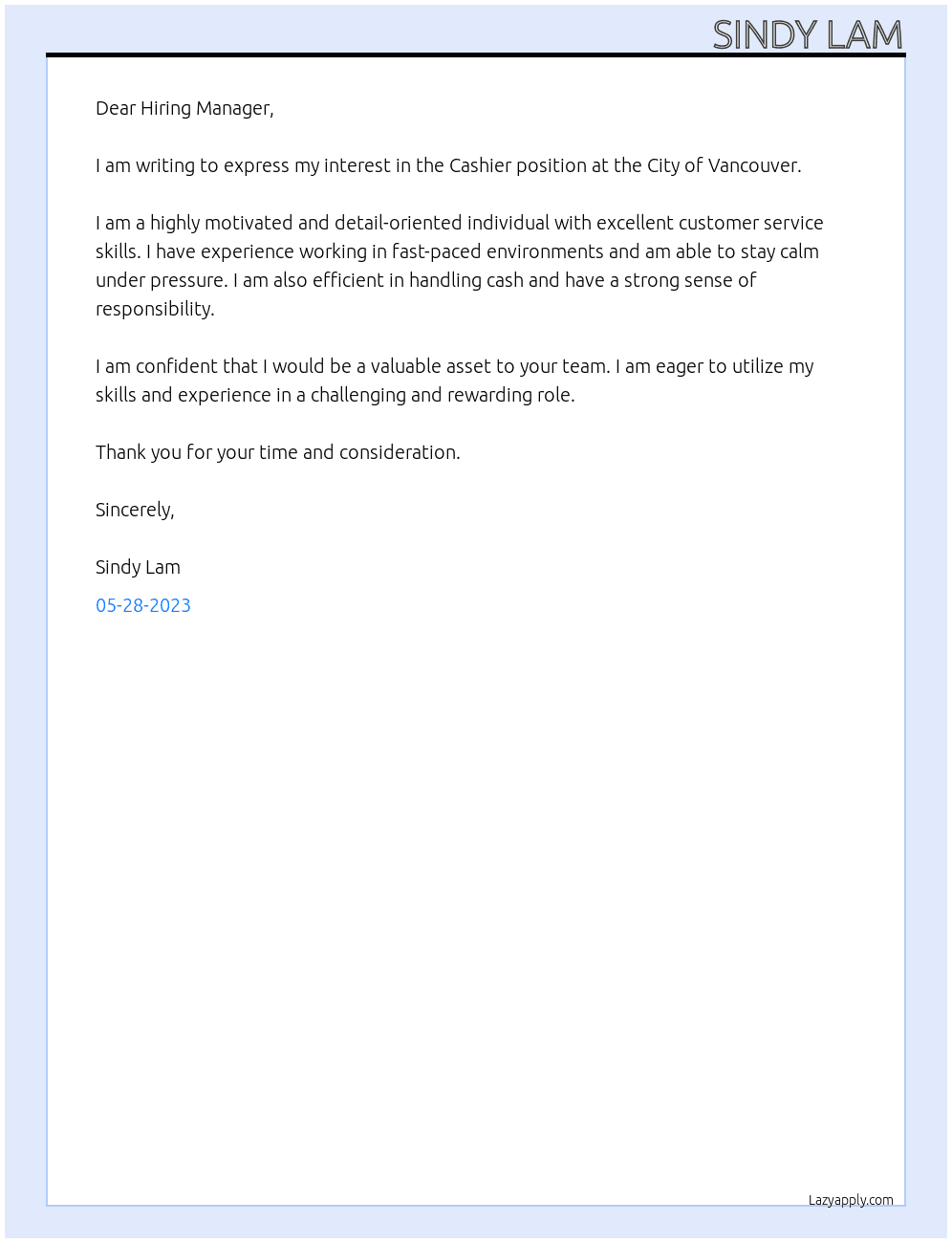 Cashier At City of Vancouver Cover Letter