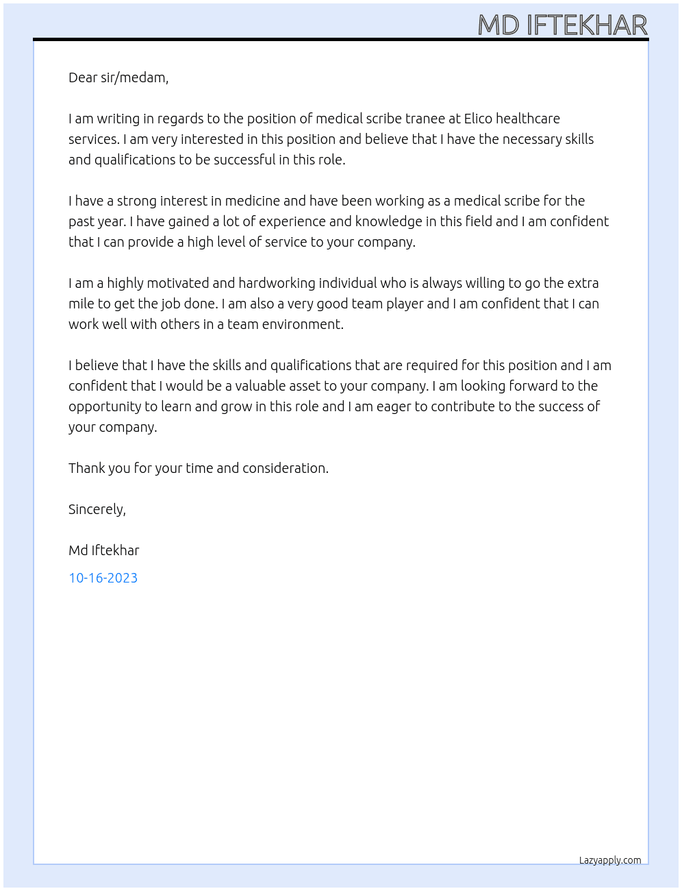 Medical scribe tranee At At Elico healthcare services Cover Letter