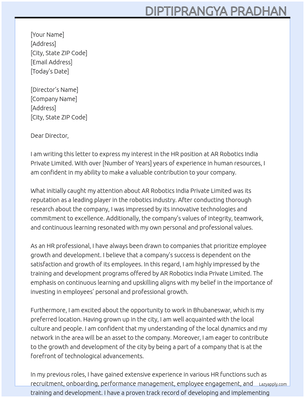 HR  At AR  robotics India private limited  Cover Letter