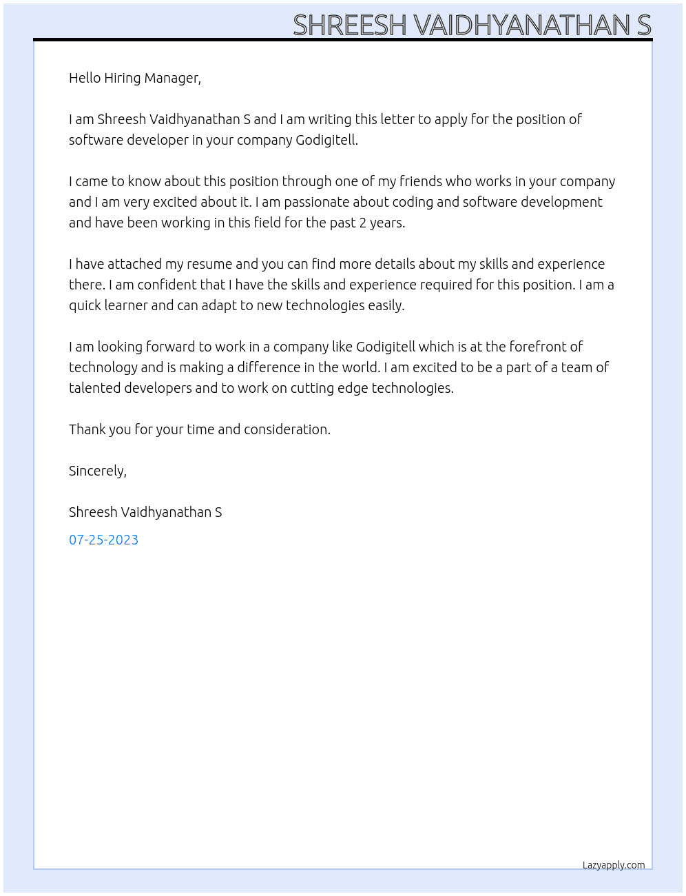 Software Developer At Godigitell Cover Letter