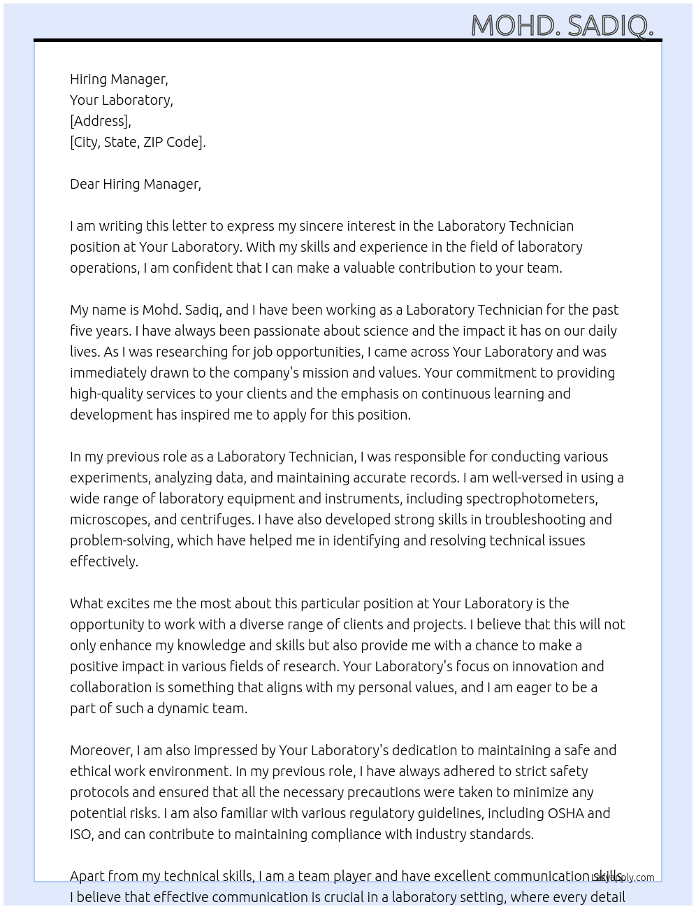 Laboratory Technician At Your laboratory Cover Letter