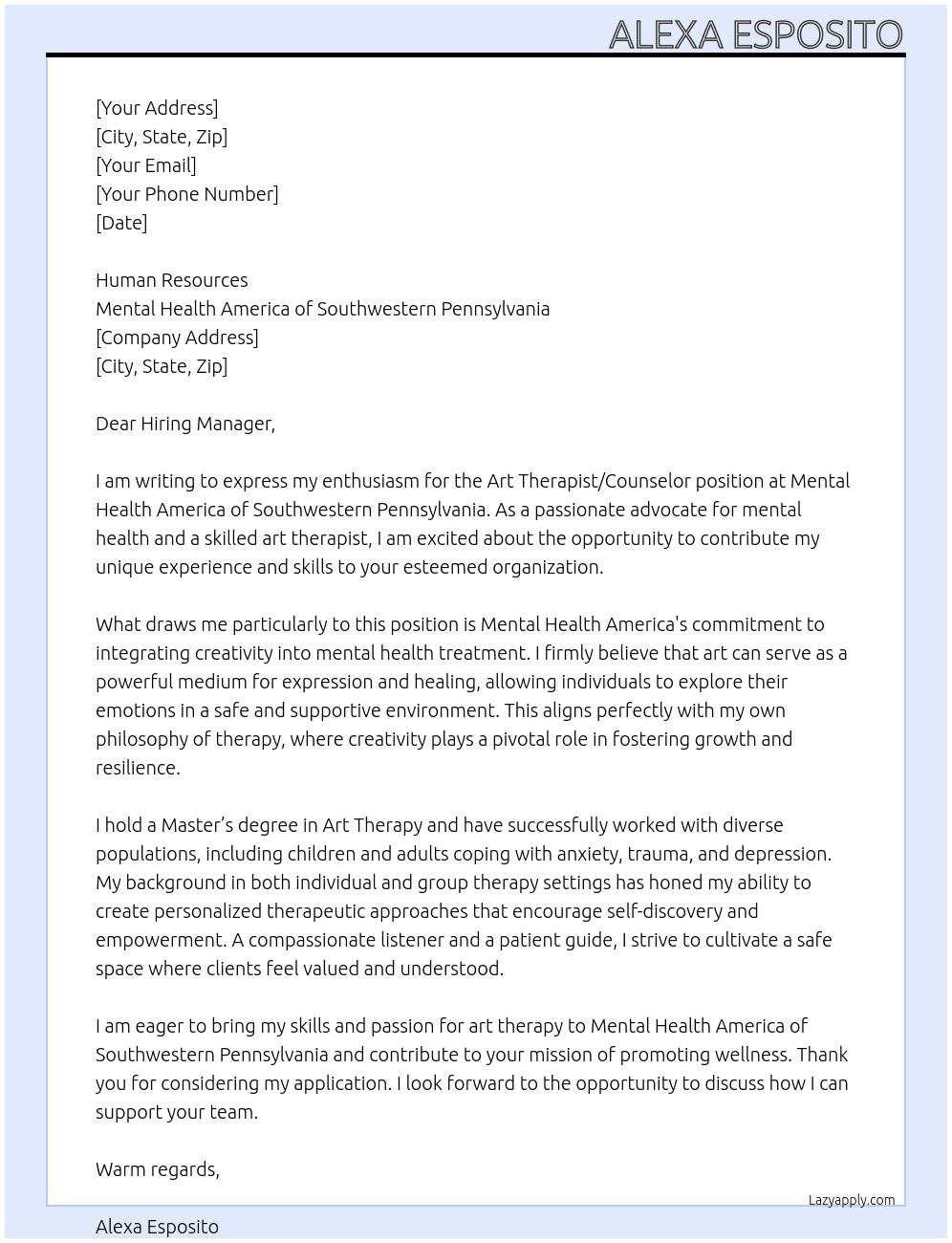 Art Therapist//Counselor At Mental Health America of Southwestern Pennsylvania Cover Letter