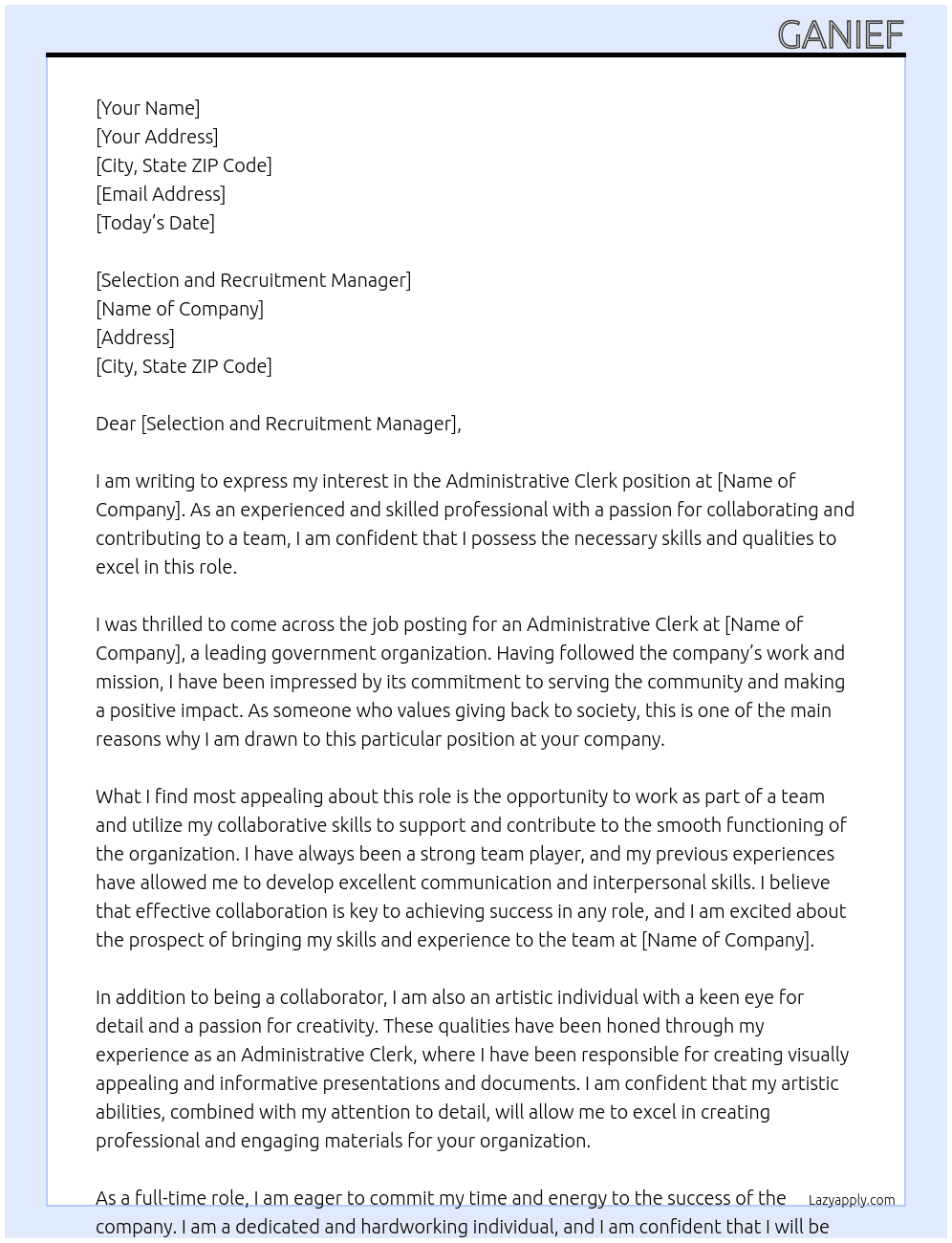 ADMINISTRATIVE CLERK At GOVERNMENT Cover Letter