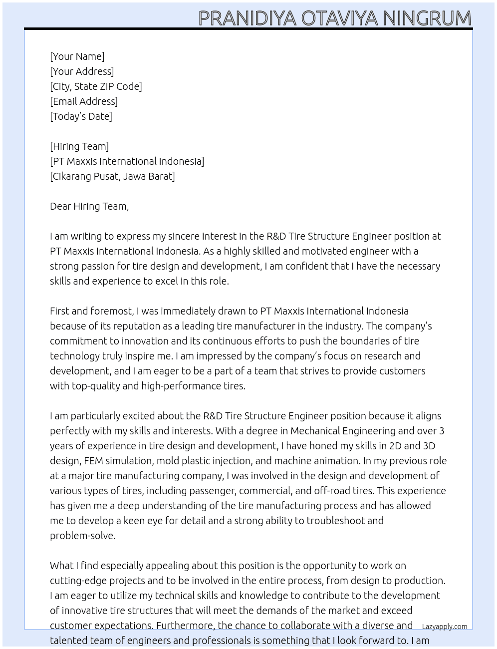 R&D Tire Structure Engineer At PT Maxxis International Indonesia Cover Letter