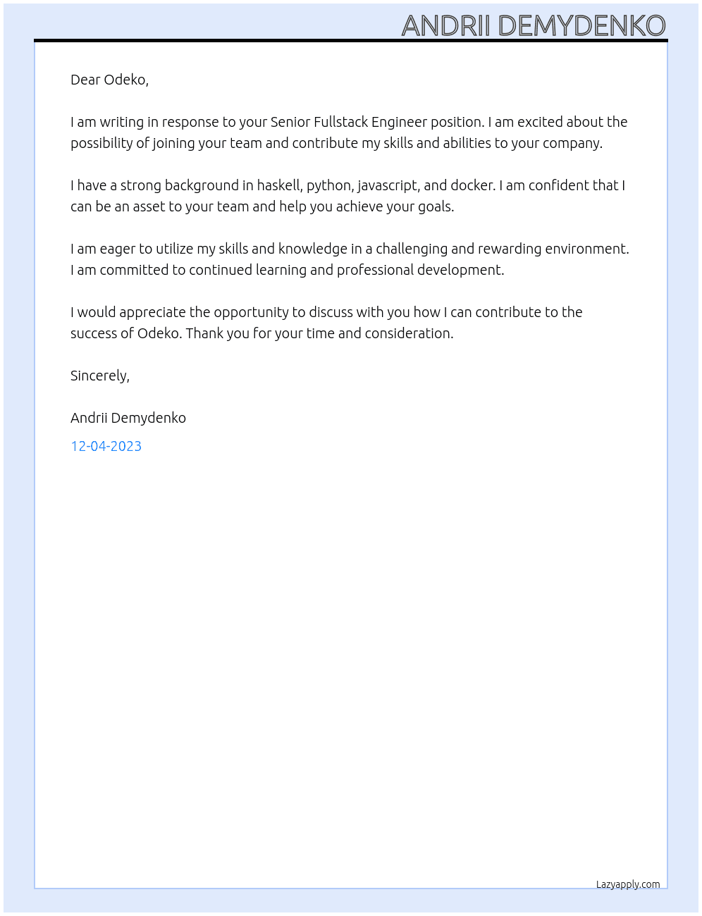 Senior Fullstack Engineer At Odeko Cover Letter