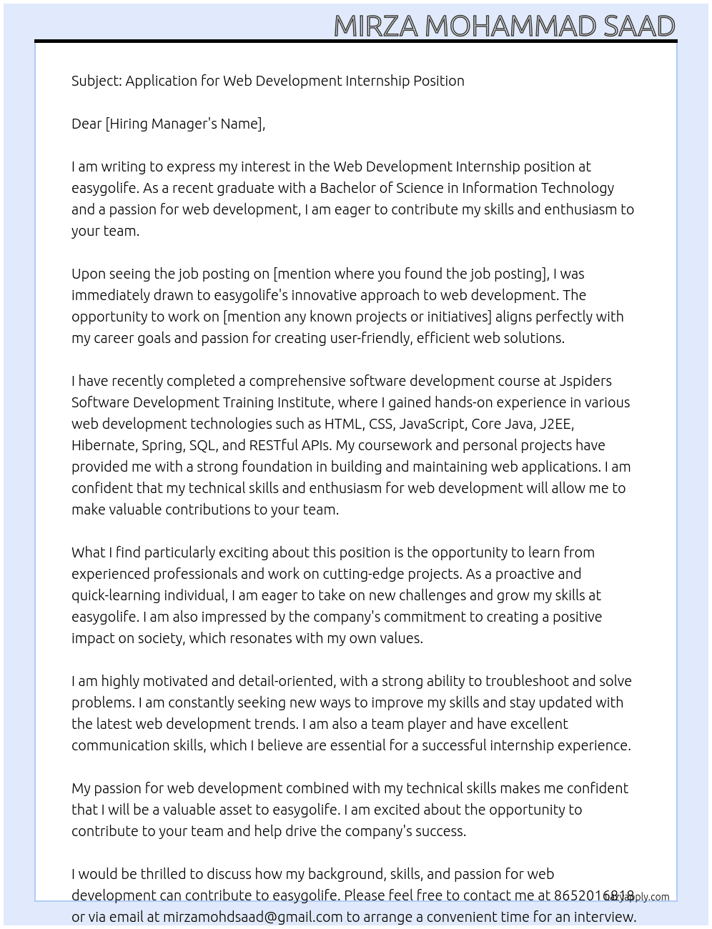 Web Development Internship At easygolife Cover Letter