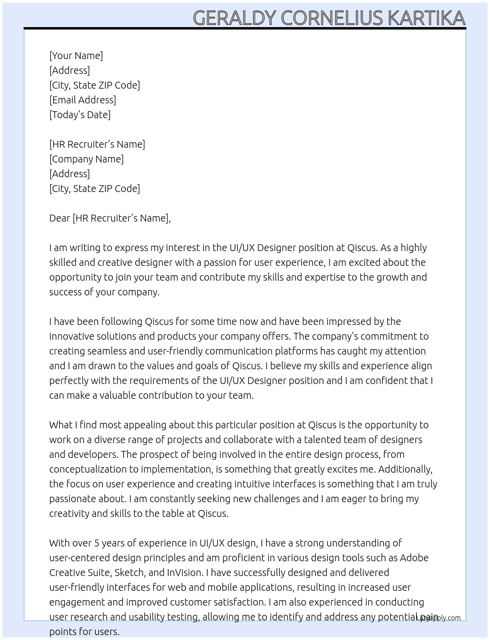UI/UX Designer At Qiscus Cover Letter