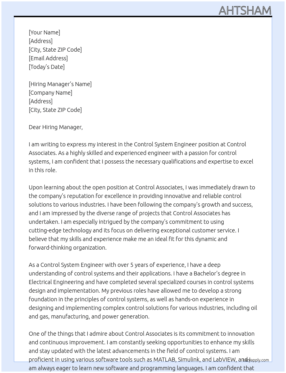 Control System Engineer At Control Associates Cover Letter