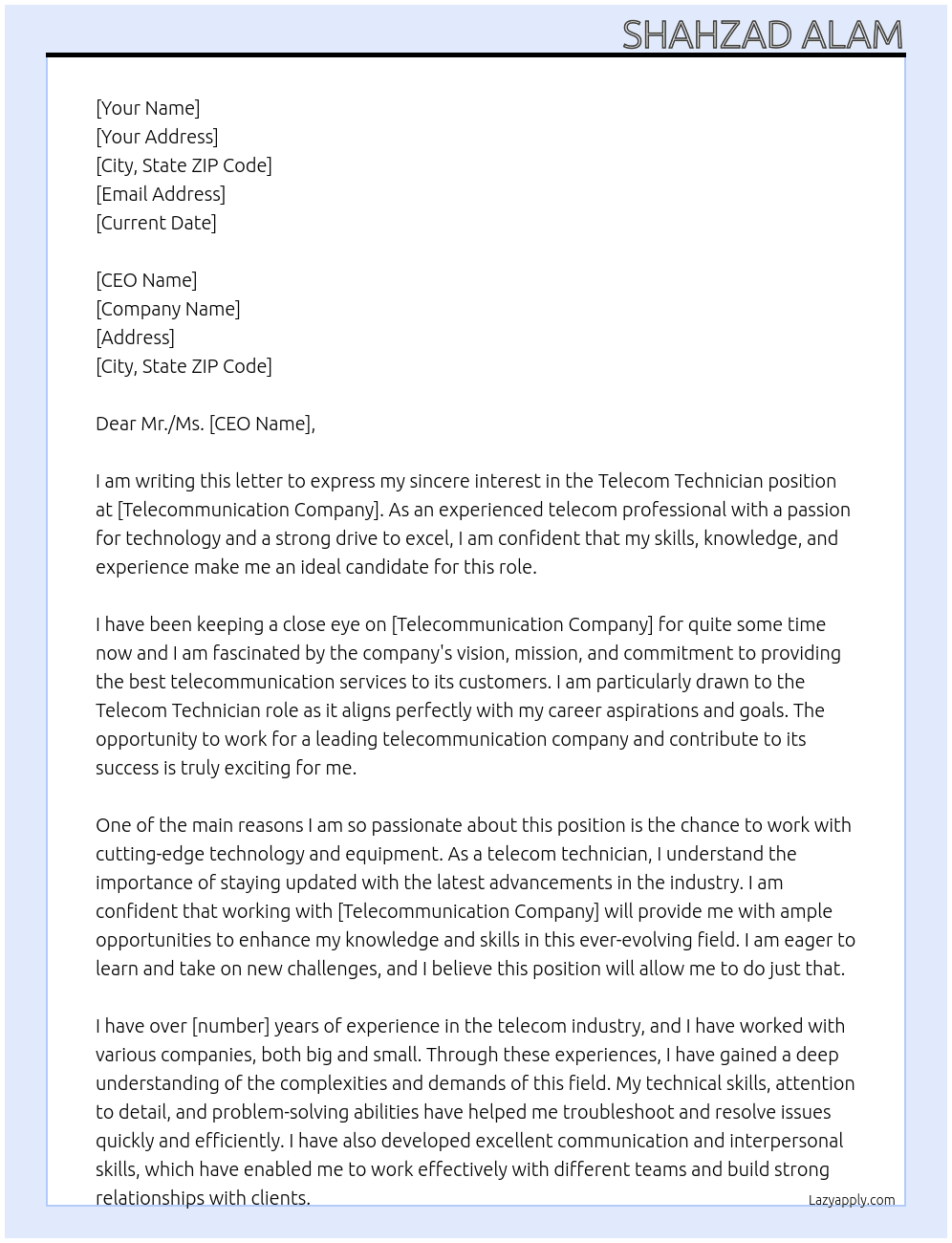 Cover letter for telecom technician - LazyApply