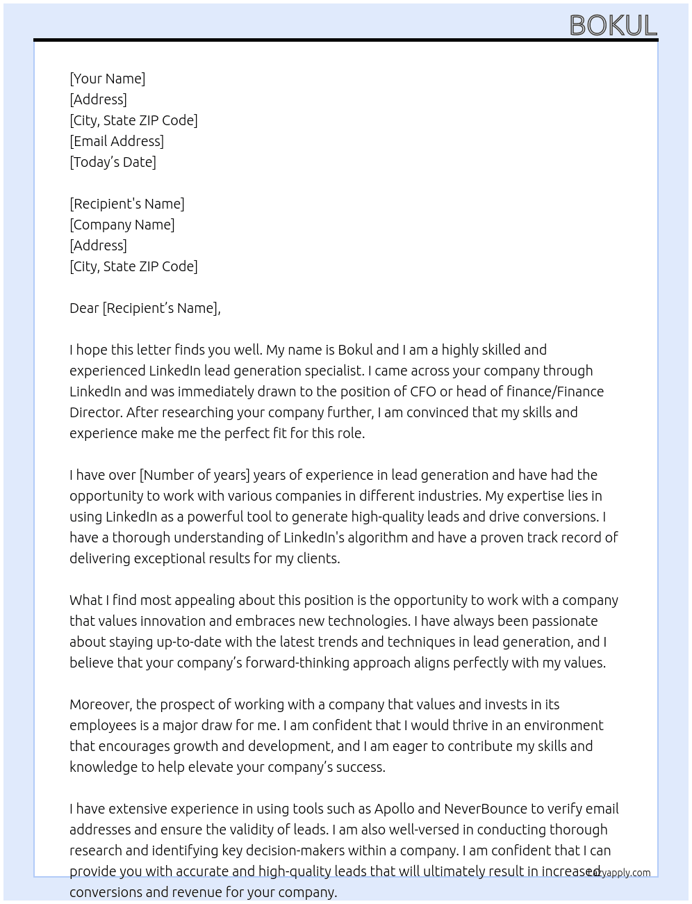 Linkedin Lead Generation At CFO or head of finance, Finance Director Cover Letter
