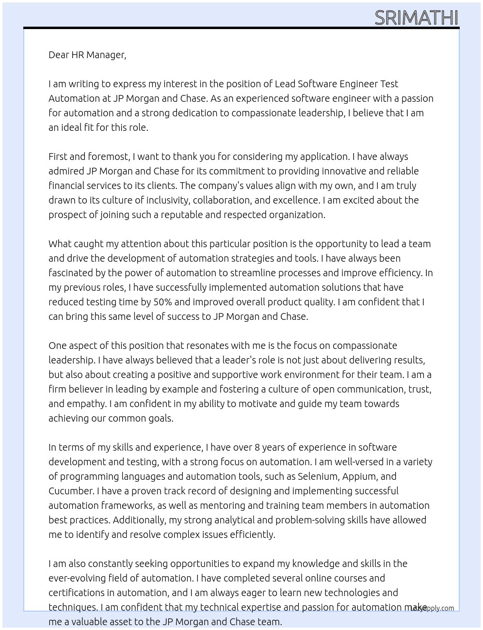 Lead Software Engineer Test Automation At JP Morgan and chase Cover Letter