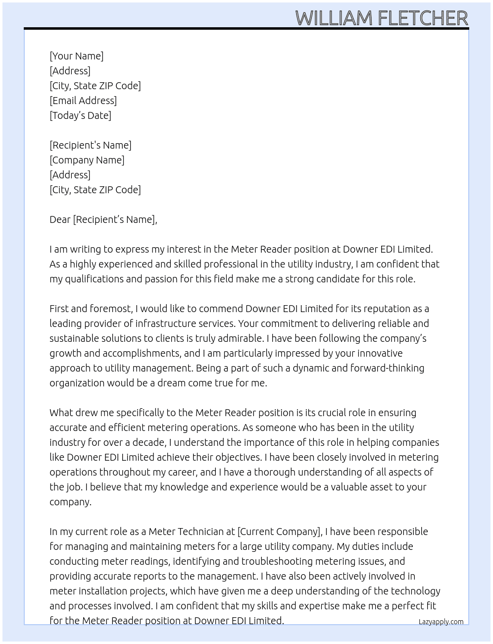 Meter reader At Downer EDI Limited  Cover Letter