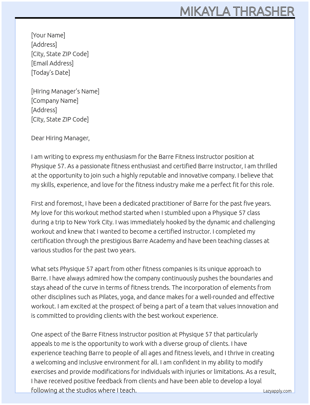 Barre Fitness Instructor At Physique 57 Cover Letter