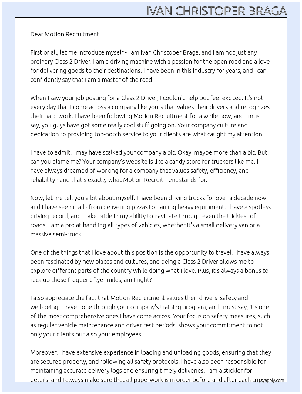 Class 2 Driver At Motion Recruitment Cover Letter