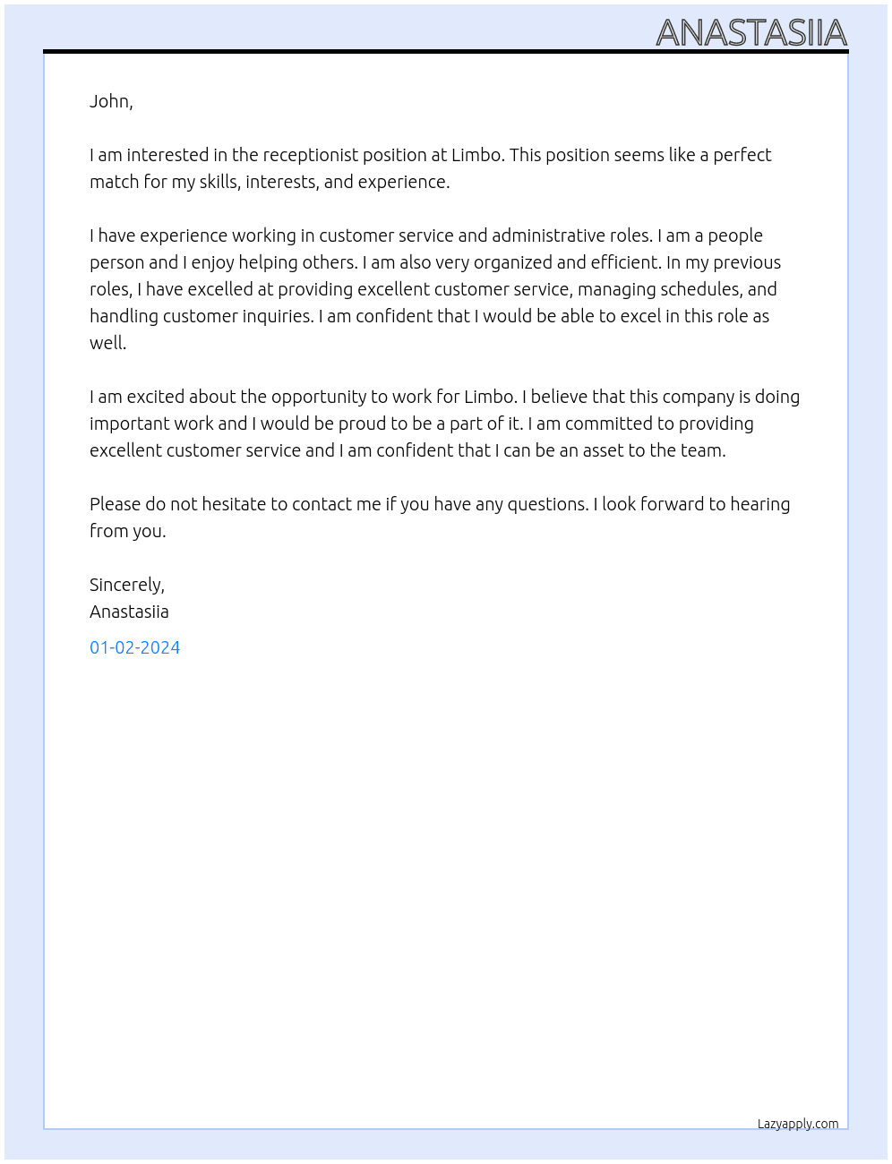 Receptionist At Limbo Cover Letter