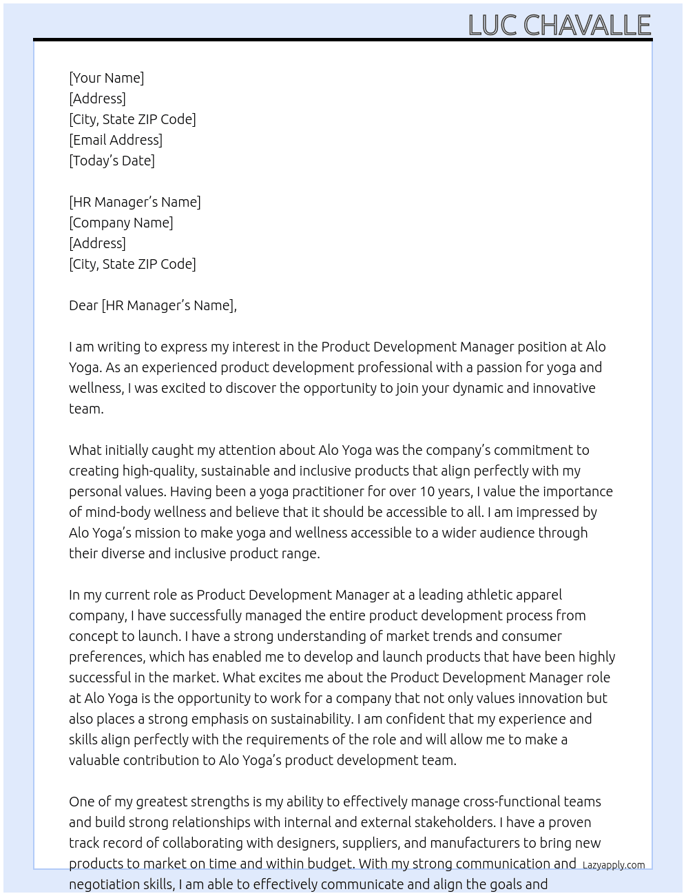 Product development manager At Alo Yoga Cover Letter