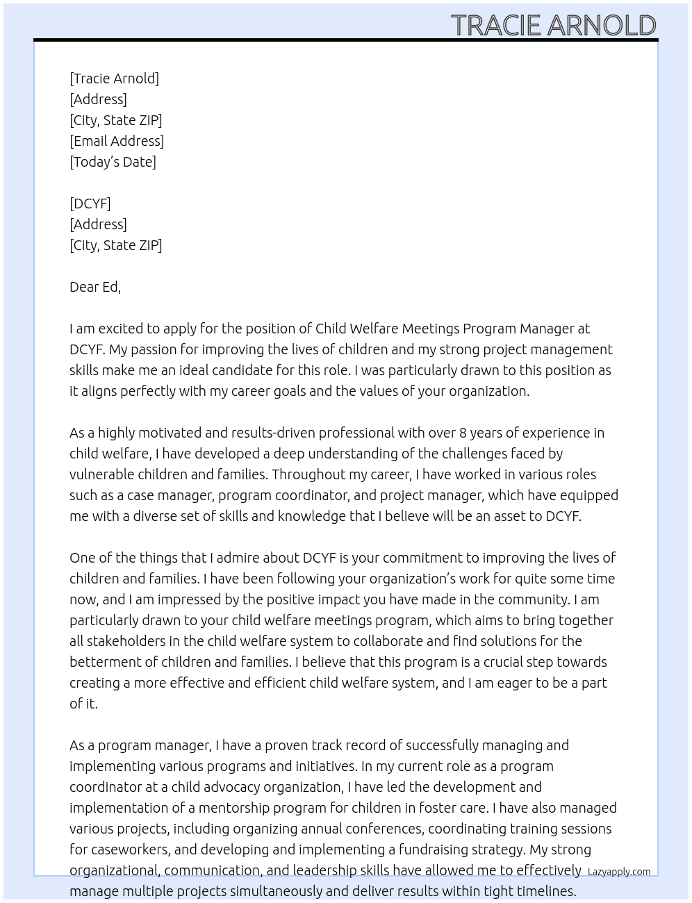 child welfare meetings program manager At dcyf Cover Letter