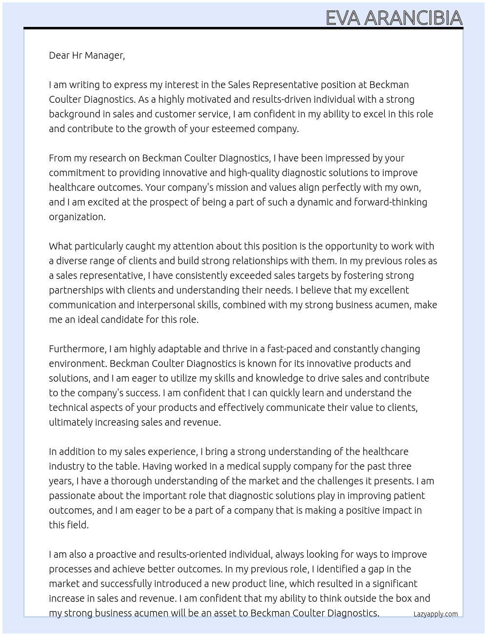 Sales Representative At Beckman Coulter Diagnostics Cover Letter