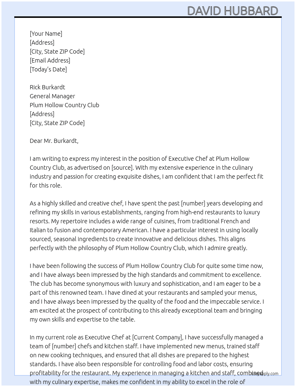 Executive Chef  At Plum Hollow Country Club  Cover Letter