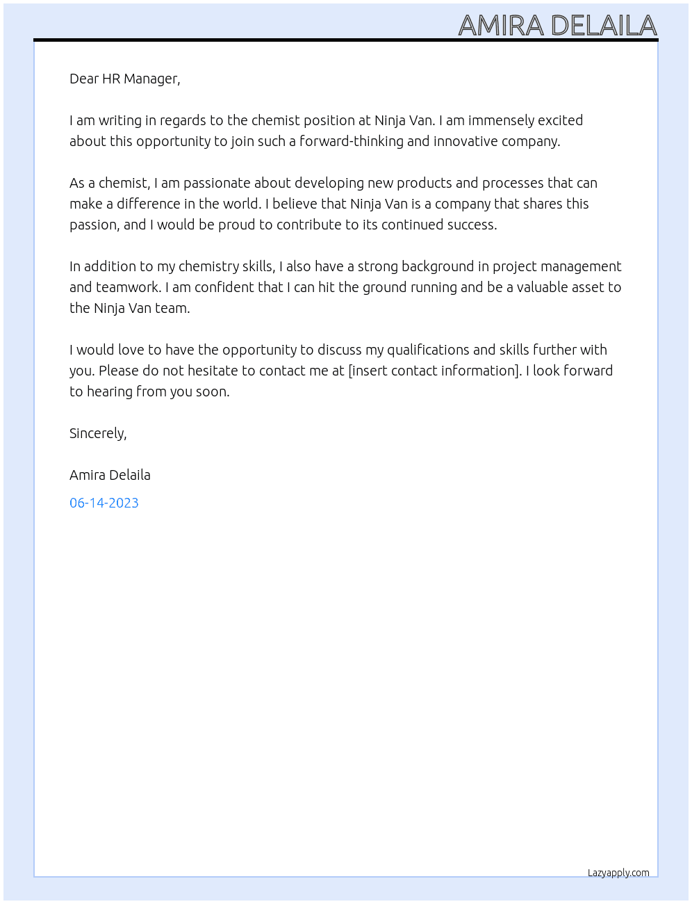 Chemist At Ninja Van Cover Letter