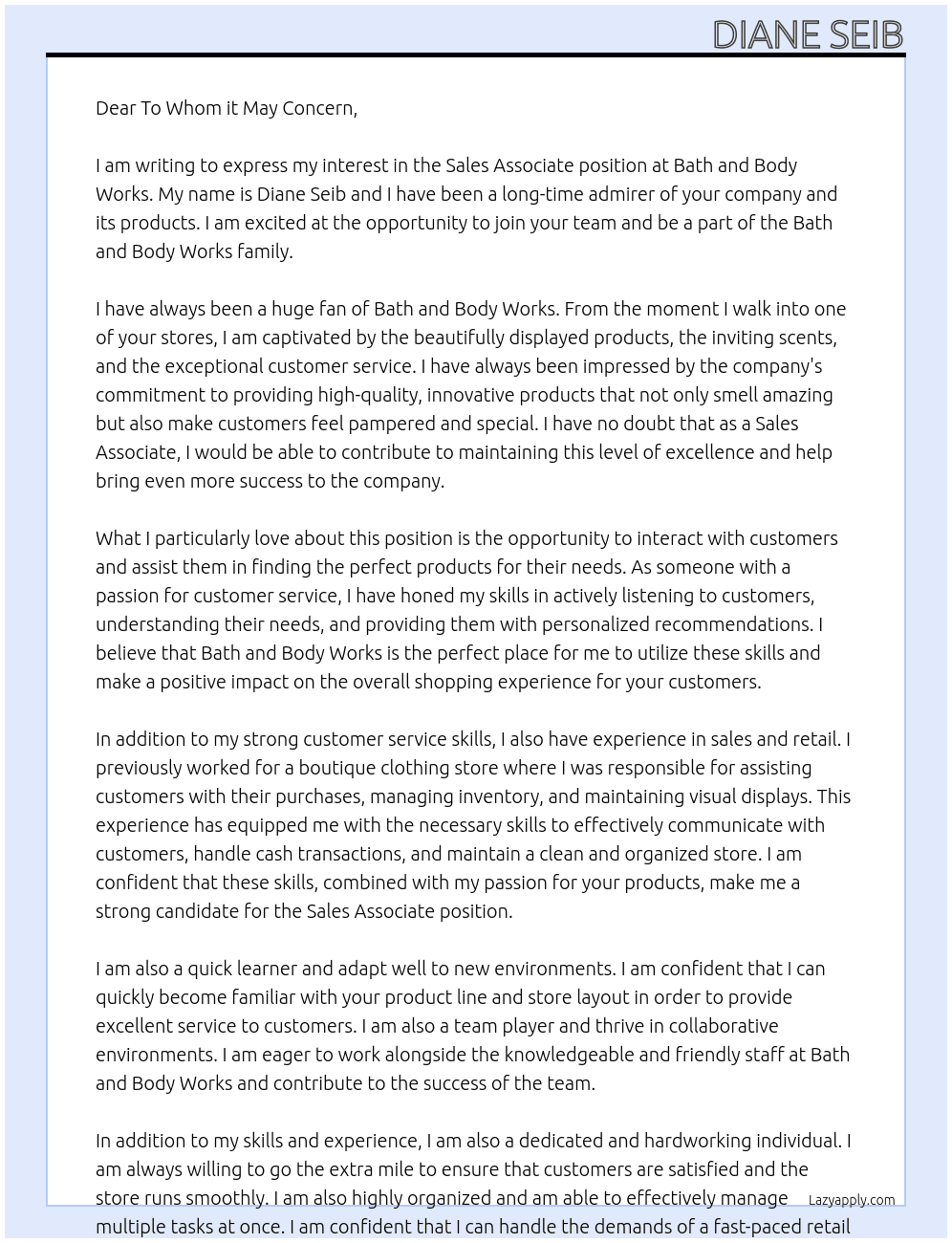 Sales Associate  At Bath and Body Works  Cover Letter