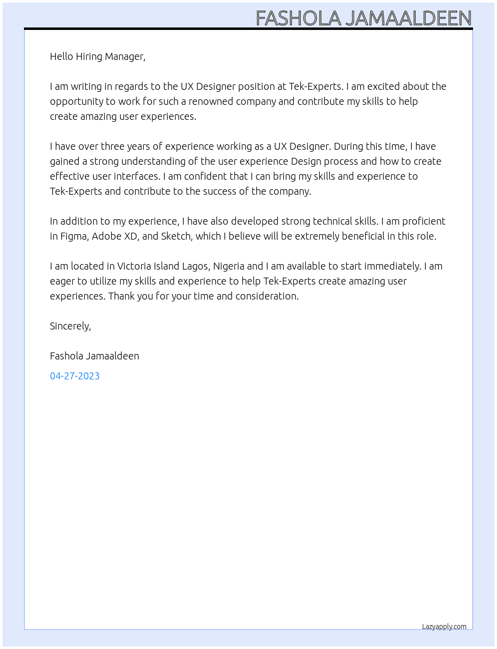 UX Designer At Tek-Experts Cover Letter