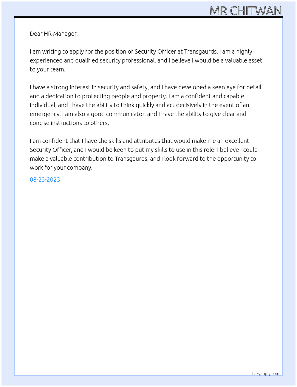 SECURITY OFFICER At TRANSGAUADS Cover Letter