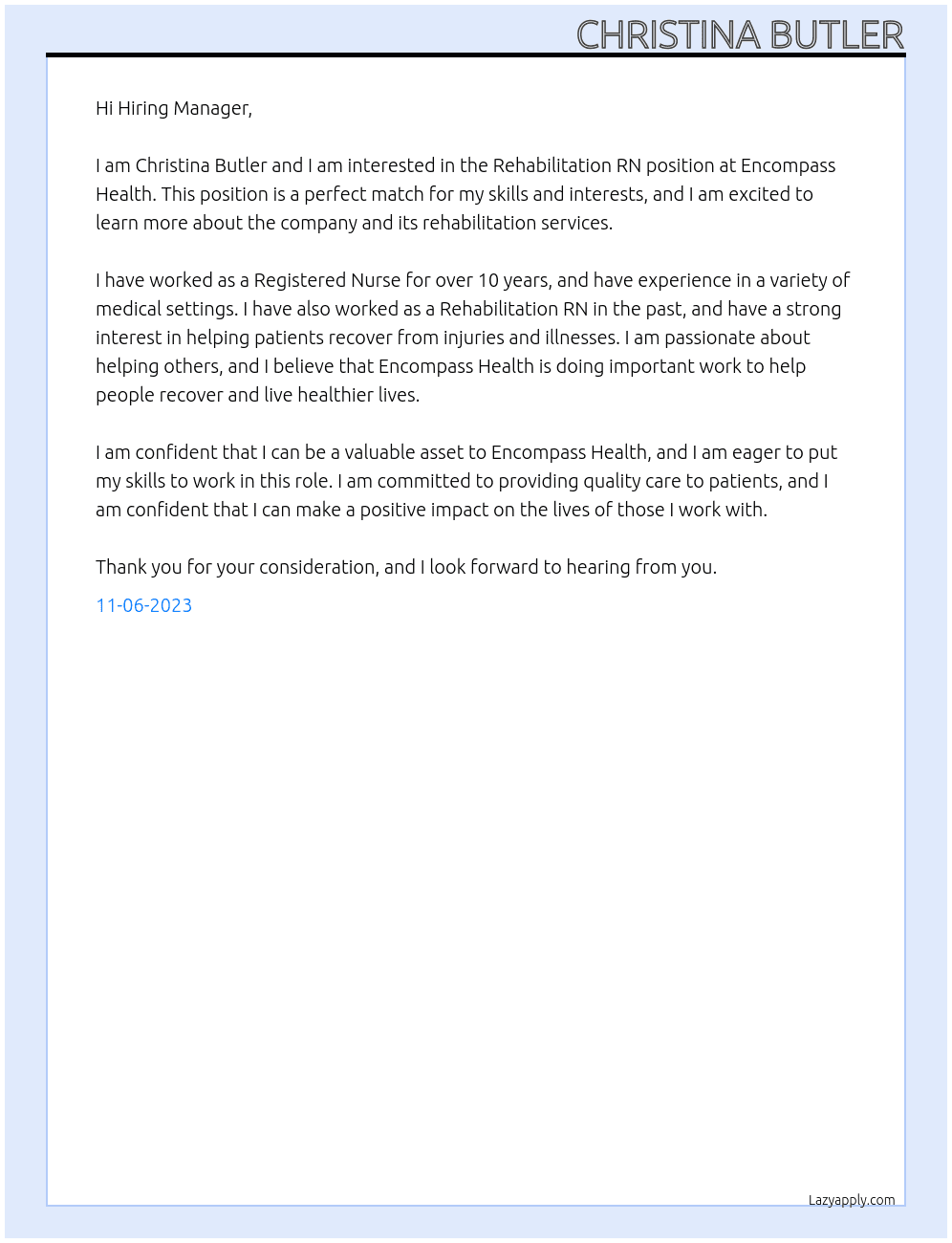 Rehabilitation RN  At Encompass Health Cover Letter
